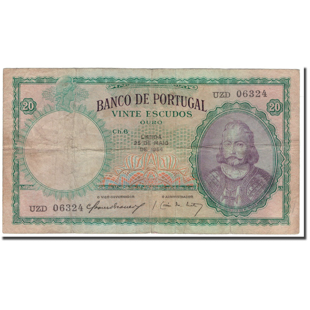 Banknote, Portugal, 20 Escudos, 1954-05-25, KM:153a, VG(8-10)