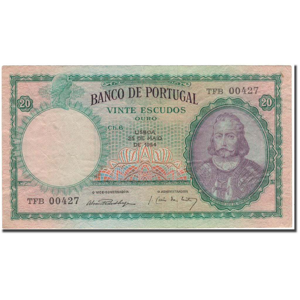 Banknote, Portugal, 20 Escudos, 1954-05-25, KM:153a, EF(40-45)