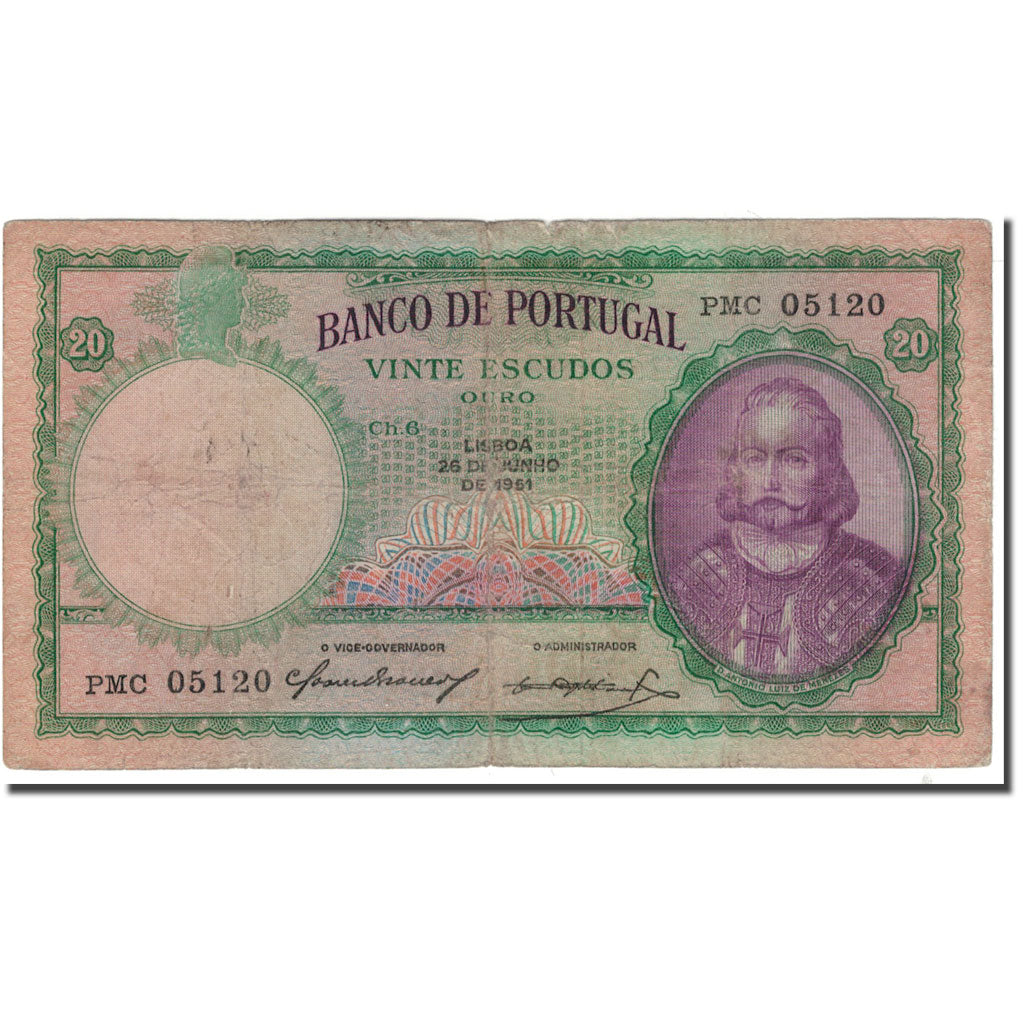 Banknote, Portugal, 20 Escudos, 1951-06-26, KM:153a, VG(8-10)