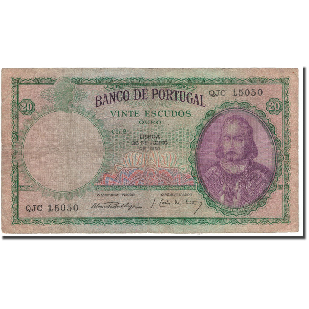 Banknote, Portugal, 20 Escudos, 1951-06-26, KM:153a, G(4-6)