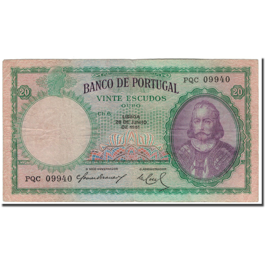 Billet, Portugal, 20 Escudos, 1951-06-26, KM:153a, B+
