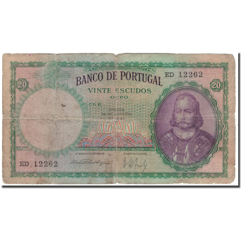 Banknote, Portugal, 20 Escudos, 1941-01-28, KM:153a, G(4-6)