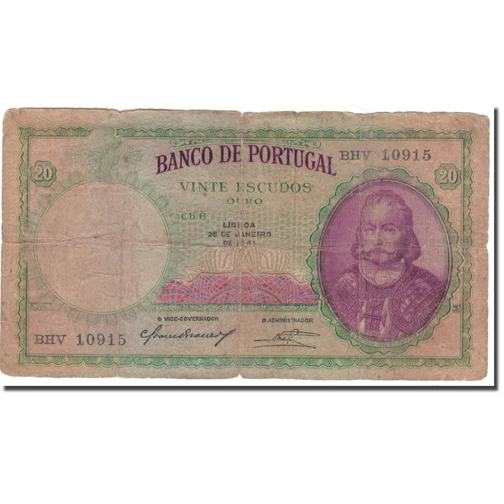 Banknote, Portugal, 20 Escudos, 1941-01-28, KM:153a, AG(1-3)