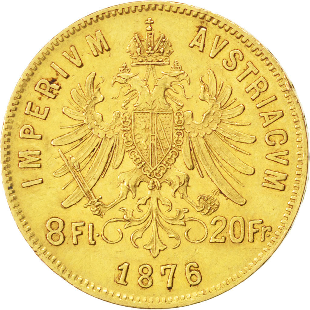 AUSTRIA, 8 Florins-20 Francs, 1876, KM #2269, EF(40-45), Gold, 6.44