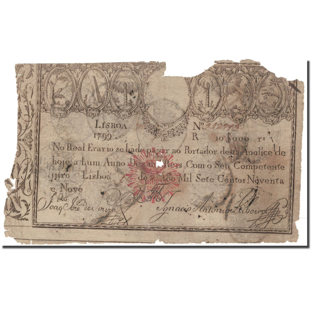 Banconote, Portogallo, 10,000 Reis, 1799, KM:41b, D+