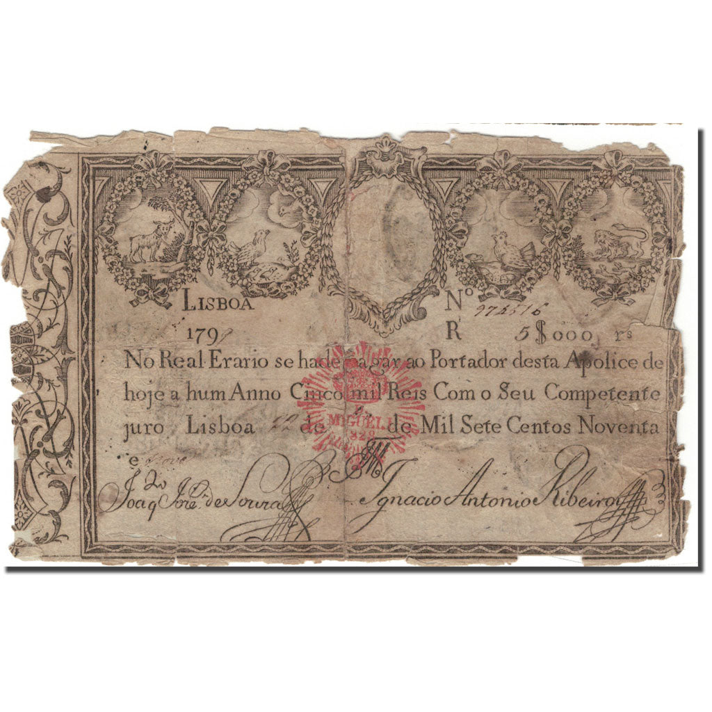 Biljet, Portugal, 5000 Reis, 1799, KM:38b, B+