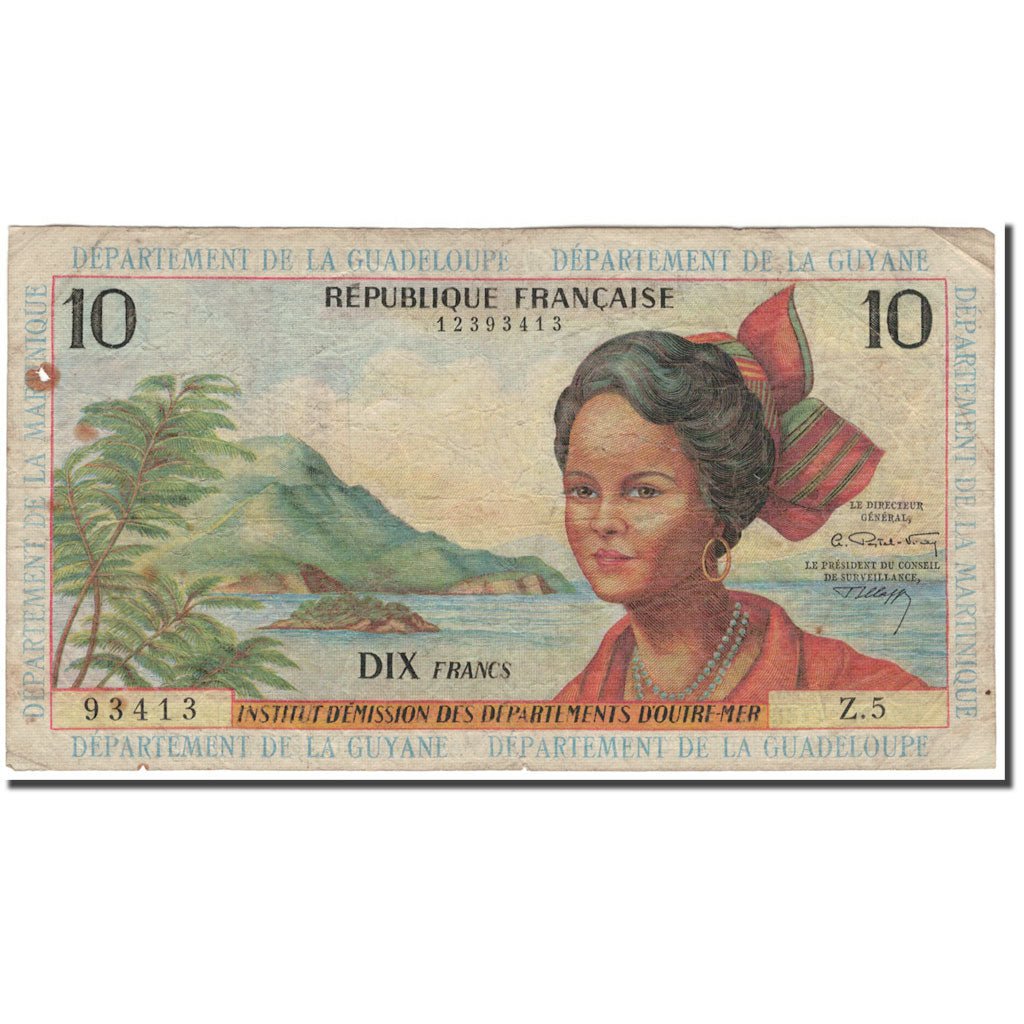 French Antilles, 10 Francs, 1964, VG(8-10), KM:8b