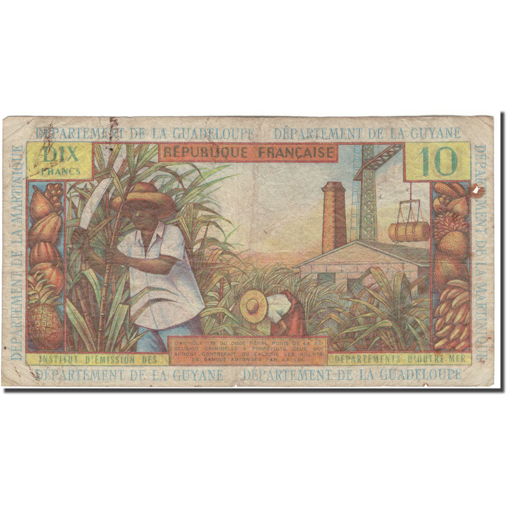 French Antilles, 10 Francs, 1964, VG(8-10), KM:8b