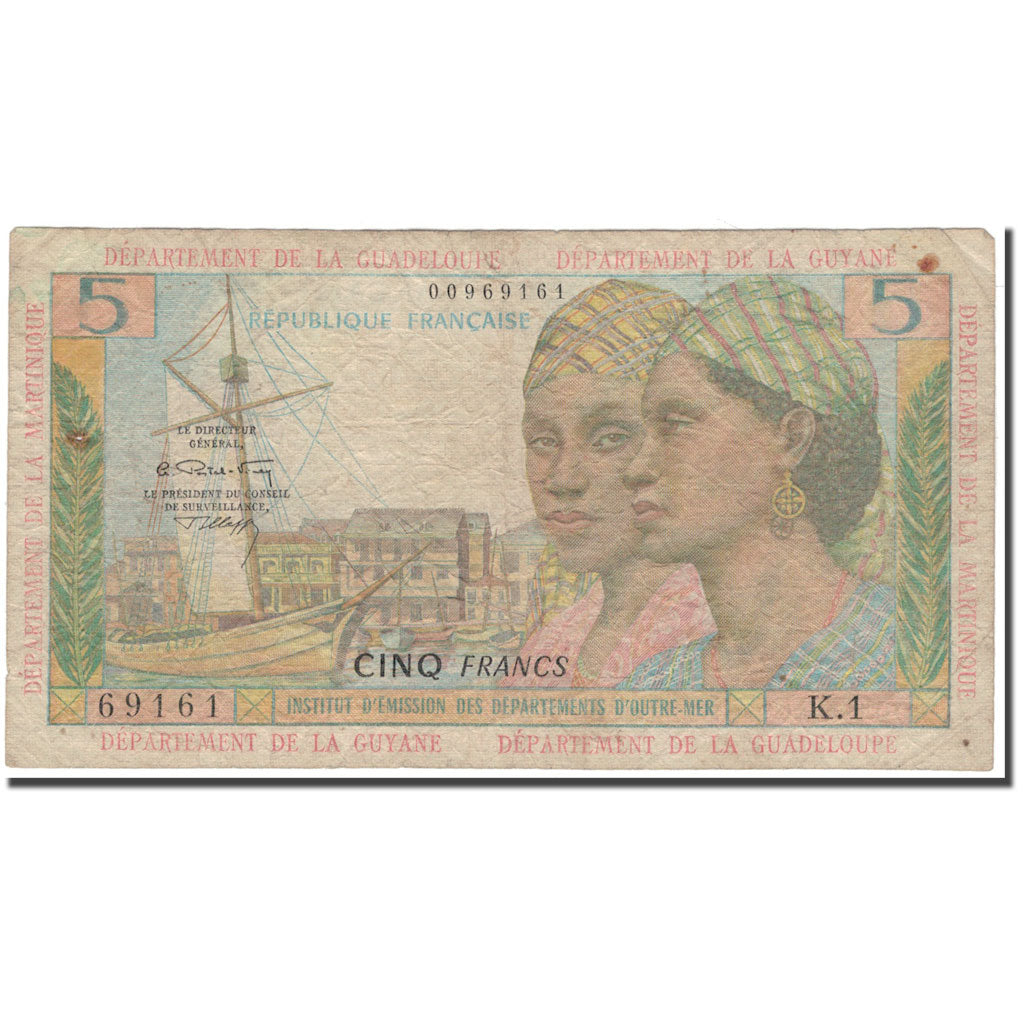 French Antilles, 5 Francs, 1964, B+, KM:7b