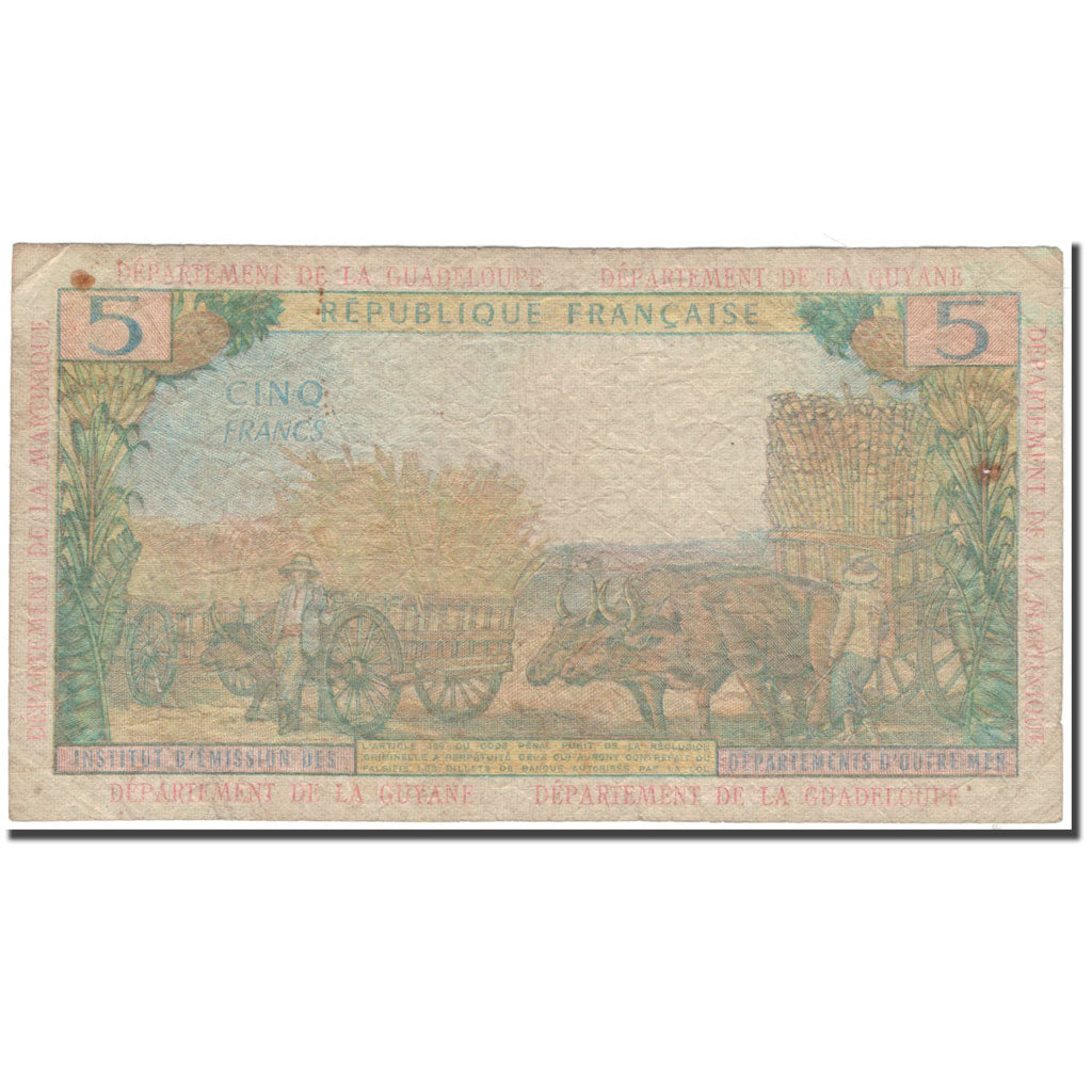 French Antilles, 5 Francs, 1964, B+, KM:7b