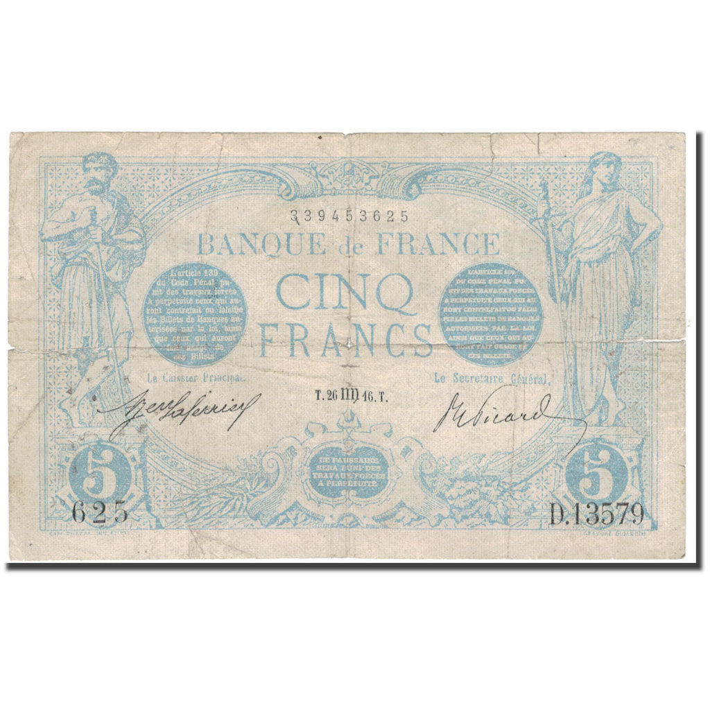 Francia, 5 Francs, 5 F 1912-1917 ''Bleu'', 1916-08-26, D+, Fayette:2.42, KM:70