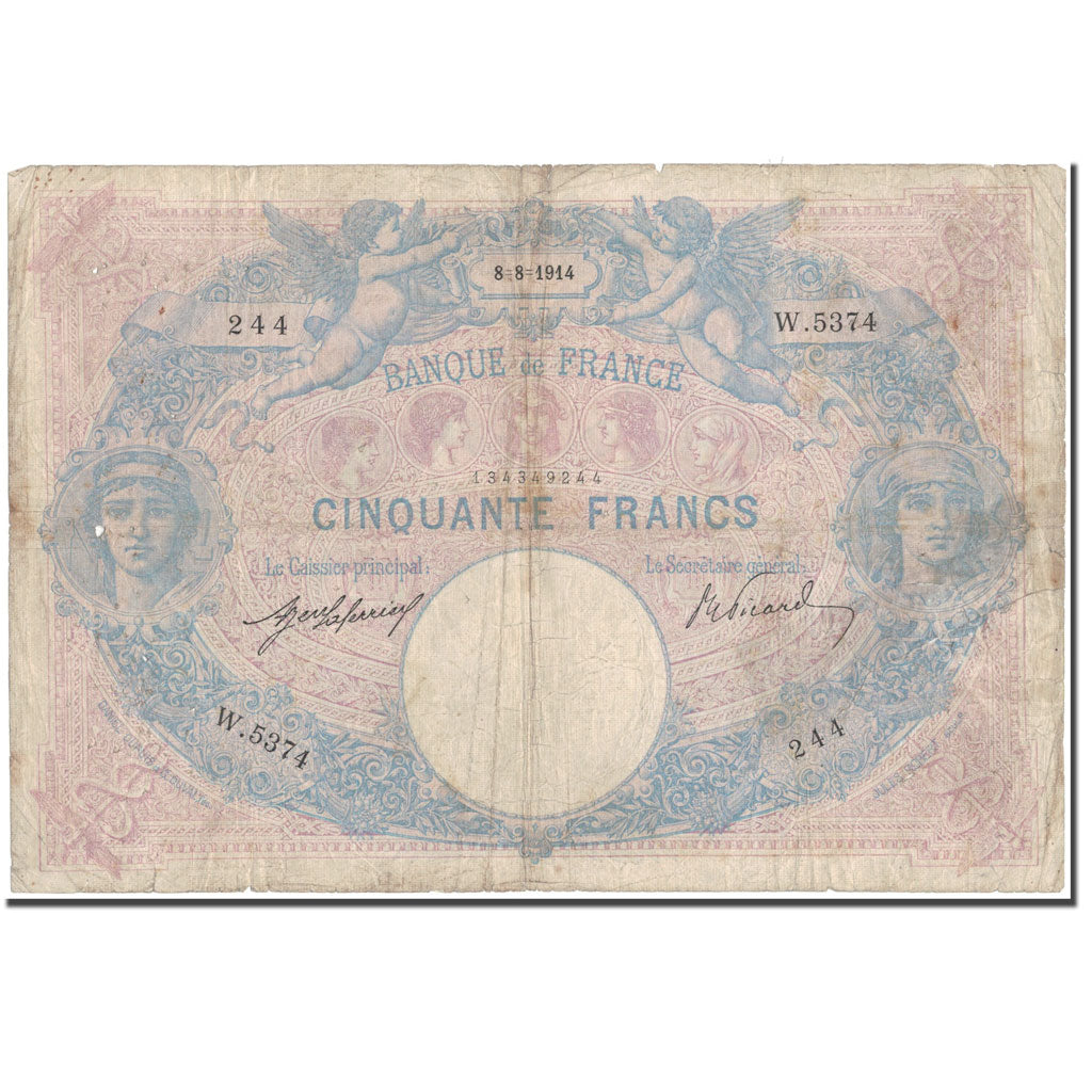 Francia, 50 Francs, 50 F 1889-1927 ''Bleu et Rose'', 1914-08-08, B, KM:64e