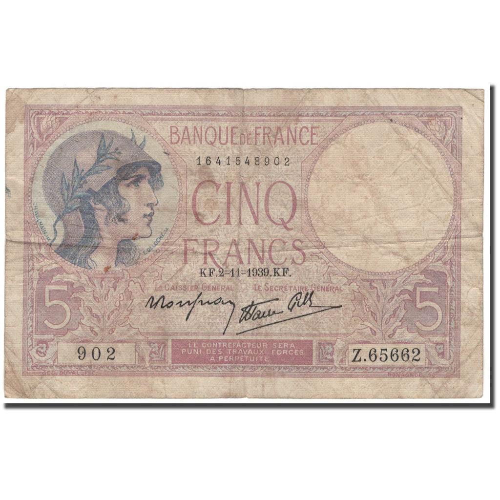 Francia, 5 Francs, 1939-11-02, B, Fayette:4.14, KM:83