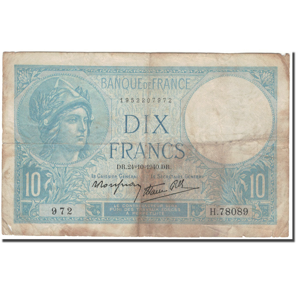Francia, 10 Francs, 10 F 1916-1942 ''Minerve'', 1940-10-24, RC, Fayette:7.18