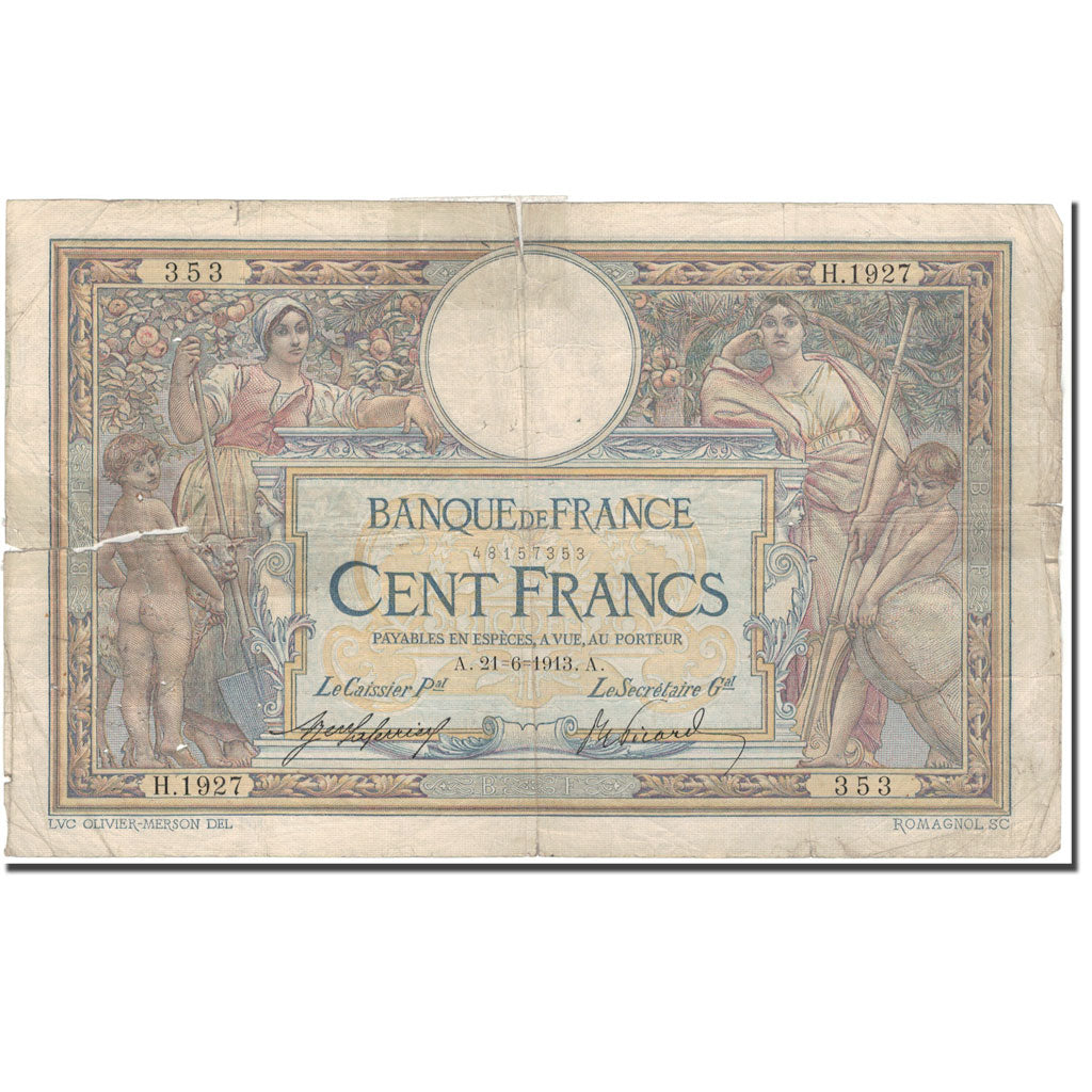 France, 100 Francs, 100 F 1908-1939 ''Luc Olivier Merson'', 1913-06-21, AG(1-3)