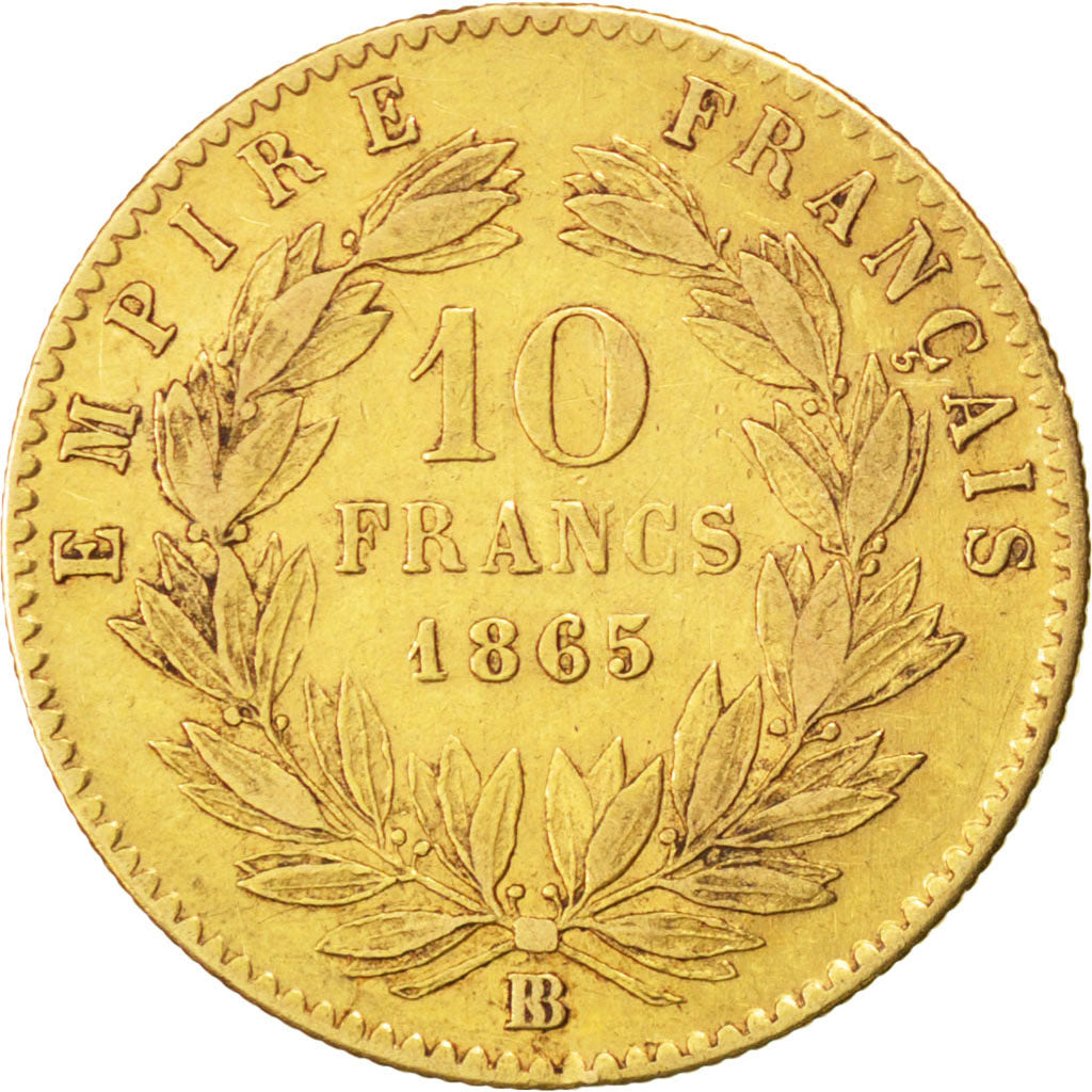 FRANCE, 10 Francs, 1865, Strasbourg, KM #800.2, EF(40-45), Gold, Gadoury #1015,.