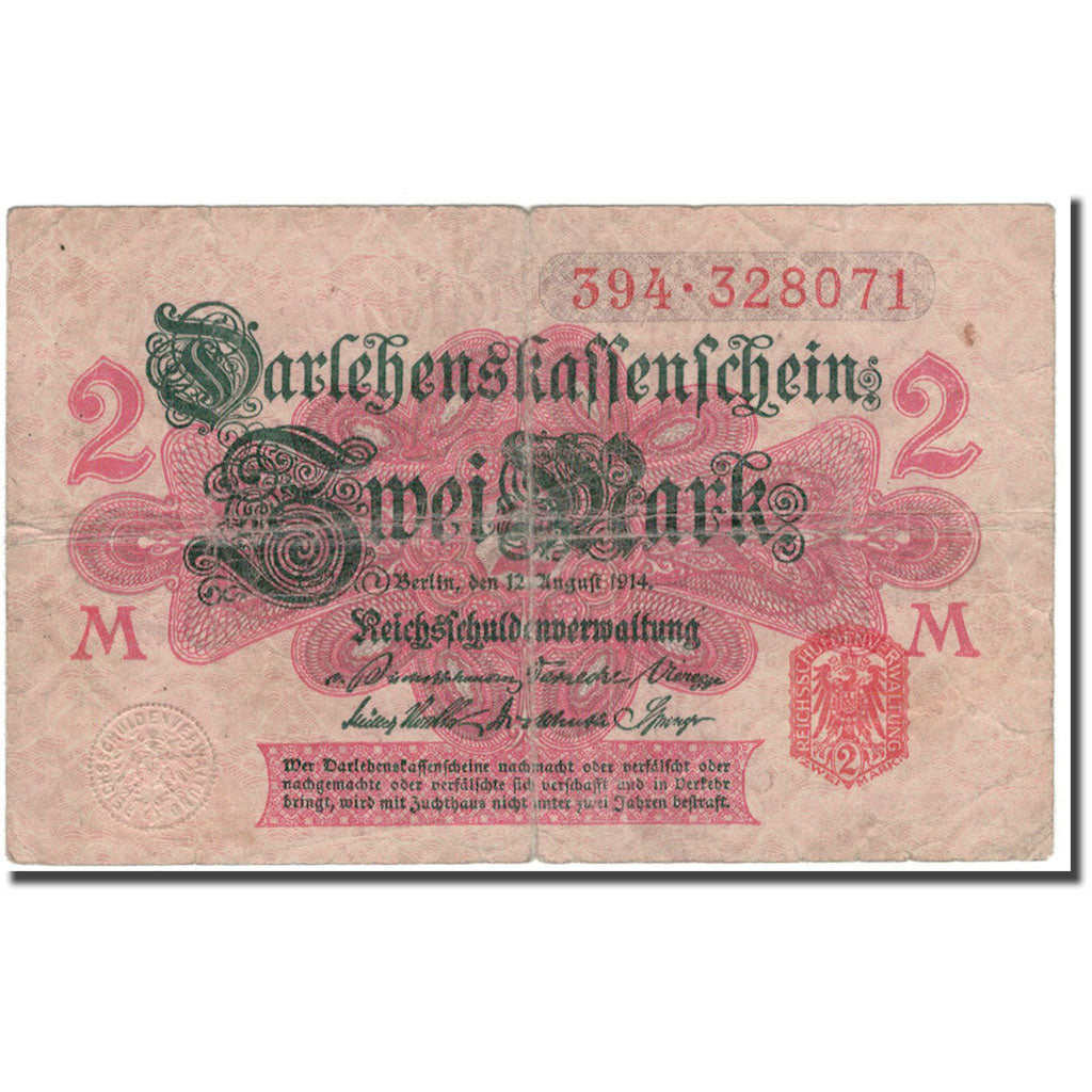 Billete, 2 Mark, Alemania, 1914-08-12, KM:54, RC+