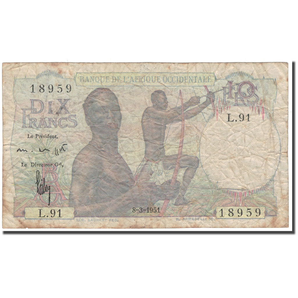 Billet, French West Africa, 10 Francs, 1951-03-08, KM:37, B+
