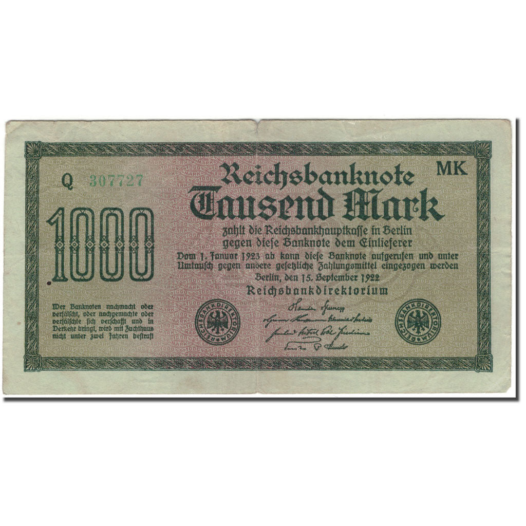 Banconote, Germania, 1000 Mark, 1922-09-15, KM:76g, MB