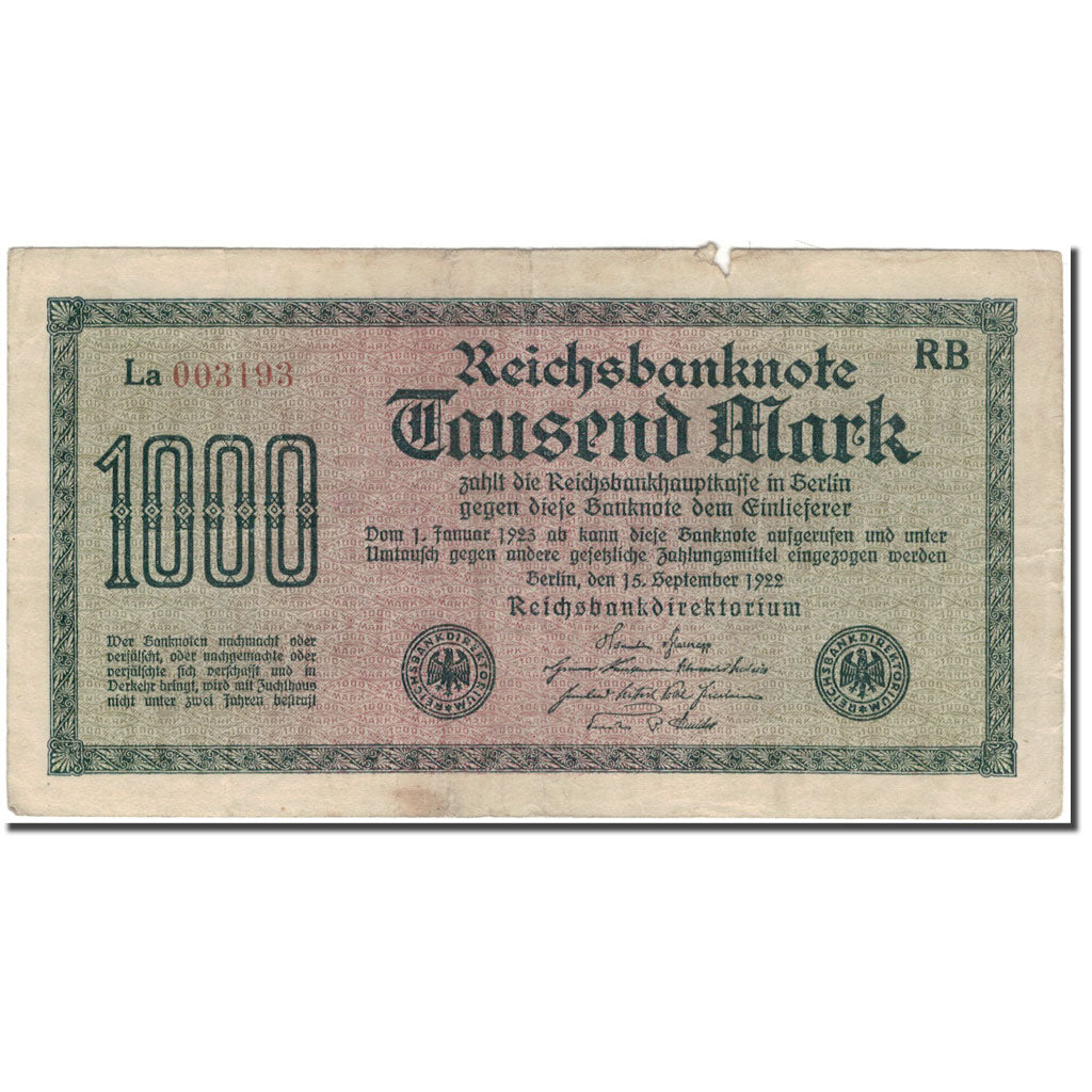 Biljet, Duitsland, 1000 Mark, 1922-09-15, KM:76c, B+