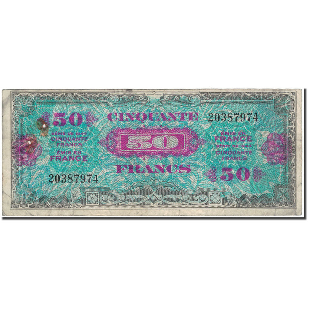 France, 50 Francs, 1944 Flag/France, 1944, VF(20-25), Fayette:VF19.1, KM:117a