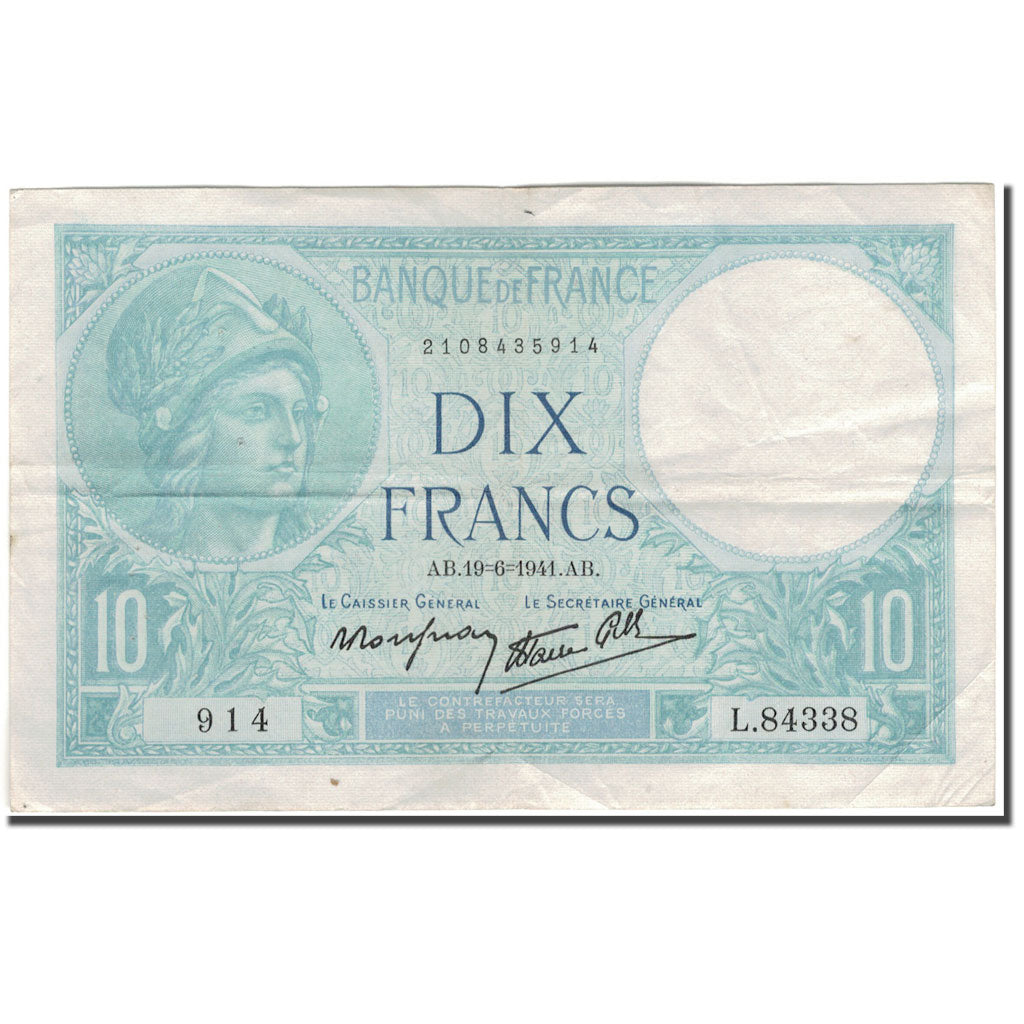 France, 10 Francs, 10 F 1916-1942 ''Minerve'', 1941-06-19, EF(40-45)