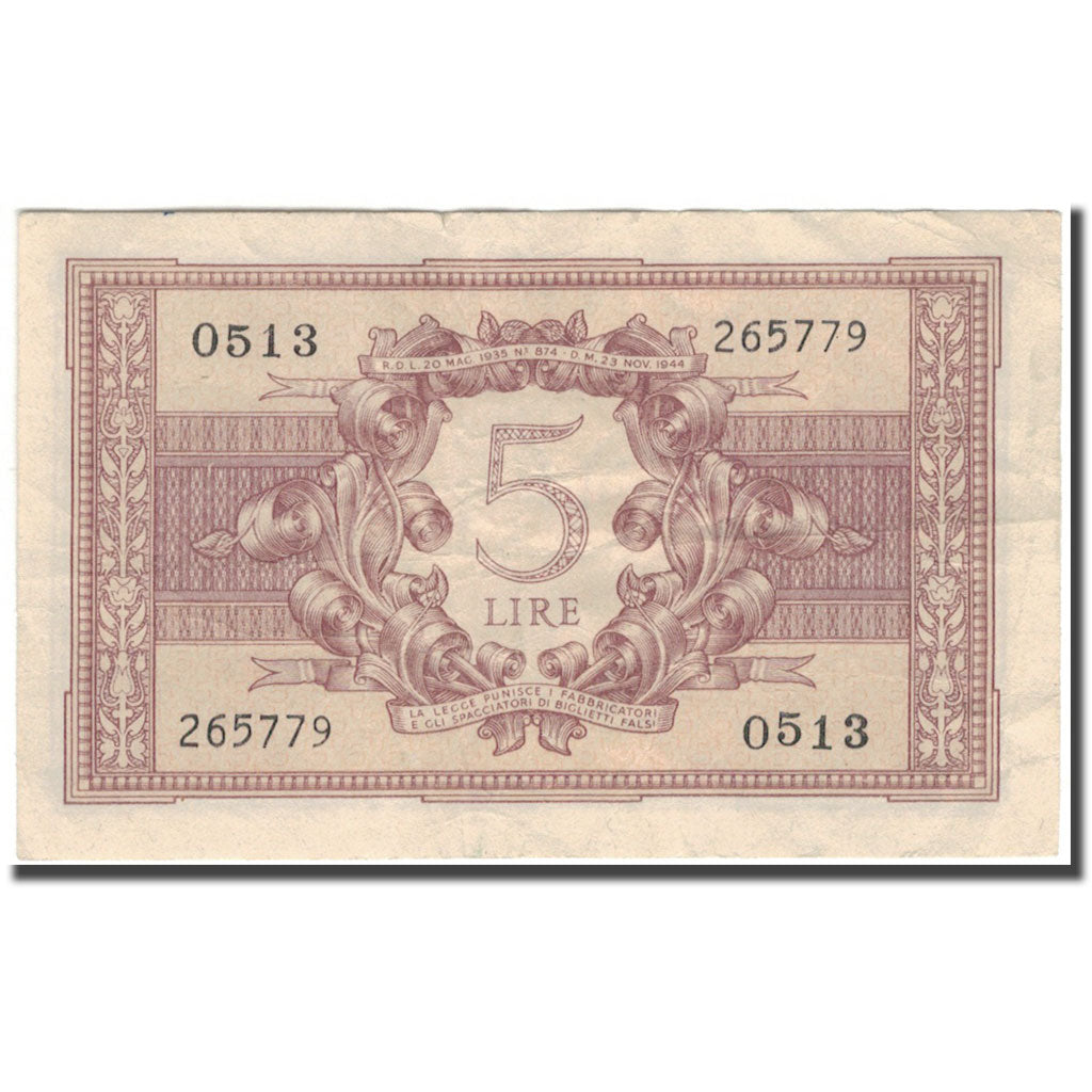 Banknote, Italy, 5 Lire, 1944-11-23, KM:31c, EF(40-45)