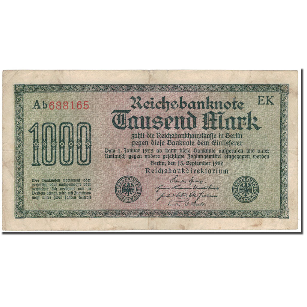 Banconote, Germania, 1000 Mark, 1922-09-15, KM:76f, MB+