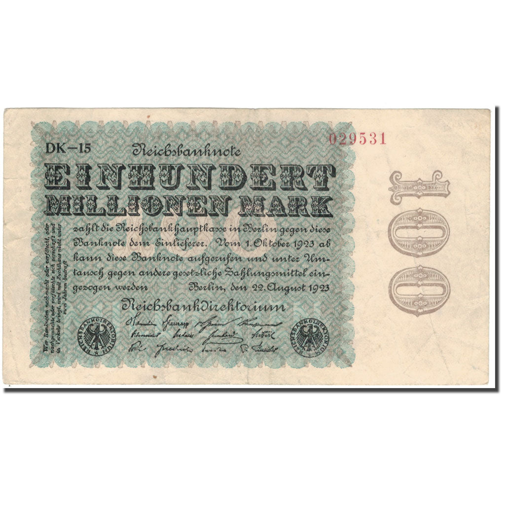 Banknote, Germany, 100 Millionen Mark, 1923-08-22, KM:107b, AU(50-53)