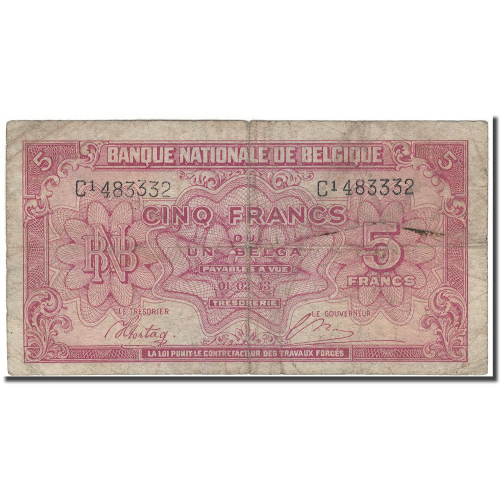 Banknote, Belgium, 5 Francs-1 Belga, 1943-02-01, KM:121, VF(20-25)