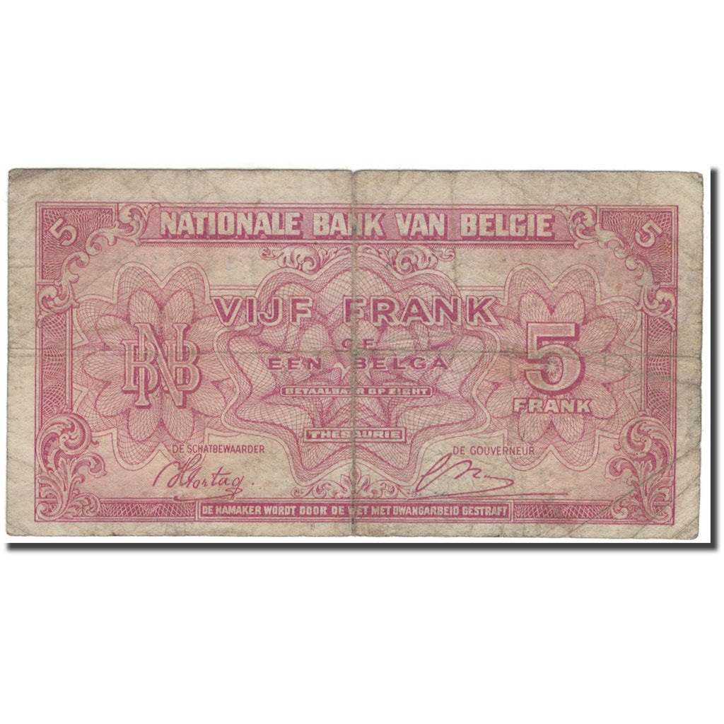 Banknote, Belgium, 5 Francs-1 Belga, 1943-02-01, KM:121, VF(20-25)