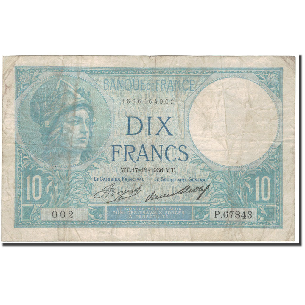 Francia, 10 Francs, 10 F 1916-1942 ''Minerve'', 1936-12-17, RC, Fayette:6.17