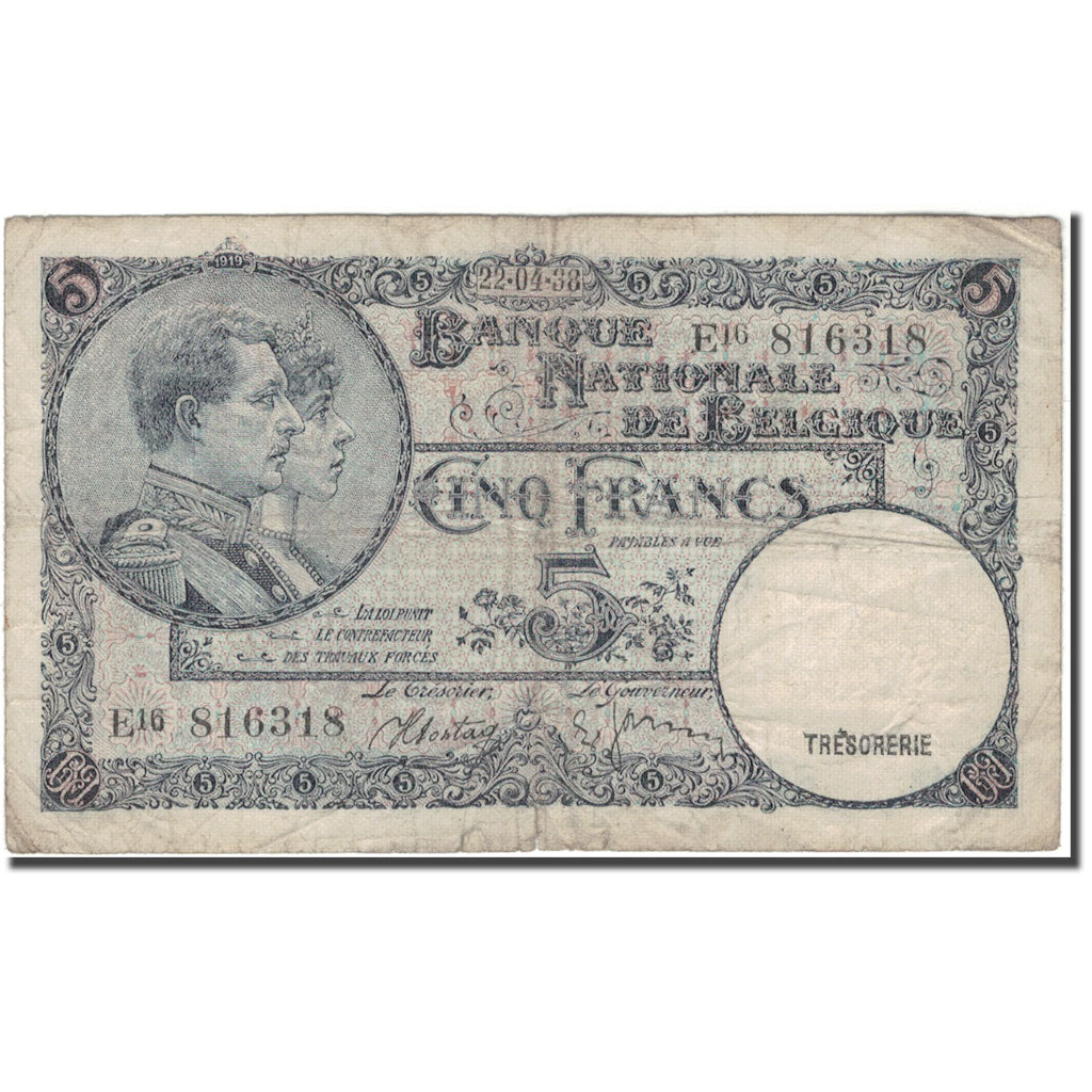 Banknote, Belgium, 5 Francs, 1938-04-22, KM:108a, F(12-15)
