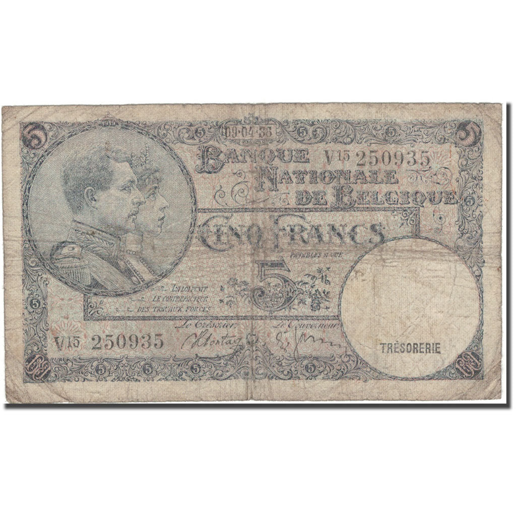 Banknote, Belgium, 5 Francs, 1938-04-09, KM:108a, VG(8-10)