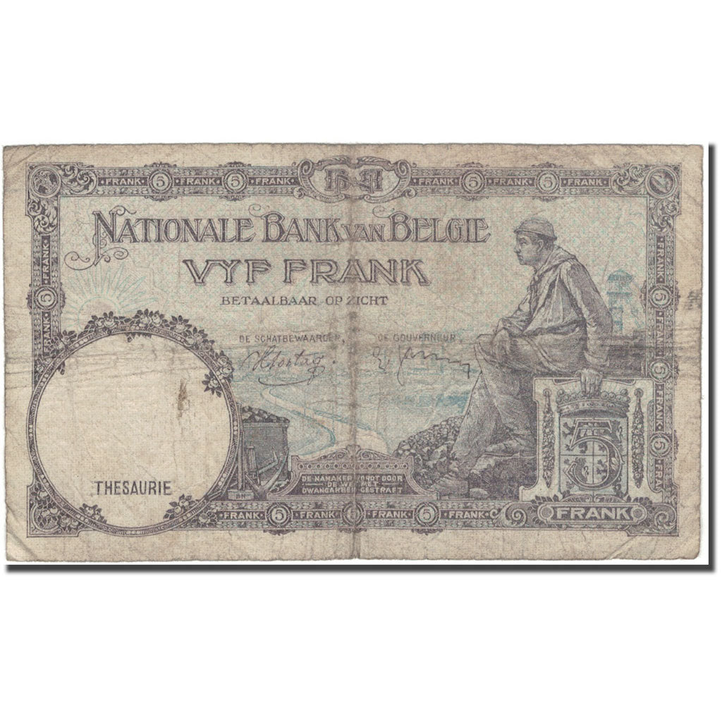 Banknote, Belgium, 5 Francs, 1938-04-09, KM:108a, VG(8-10)