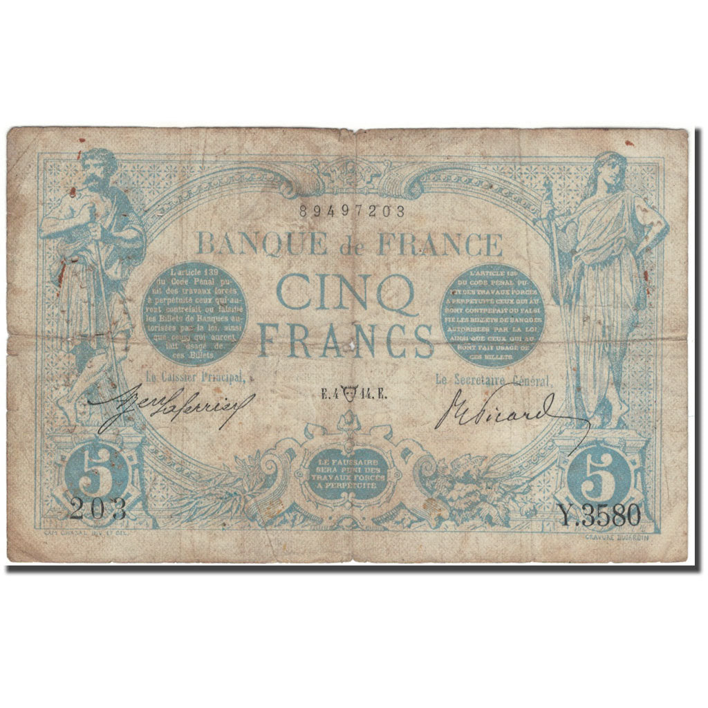 Frankreich, 5 Francs, 5 F 1912-1917 ''Bleu'', 1914-04-04, SGE, Fayette:2.22