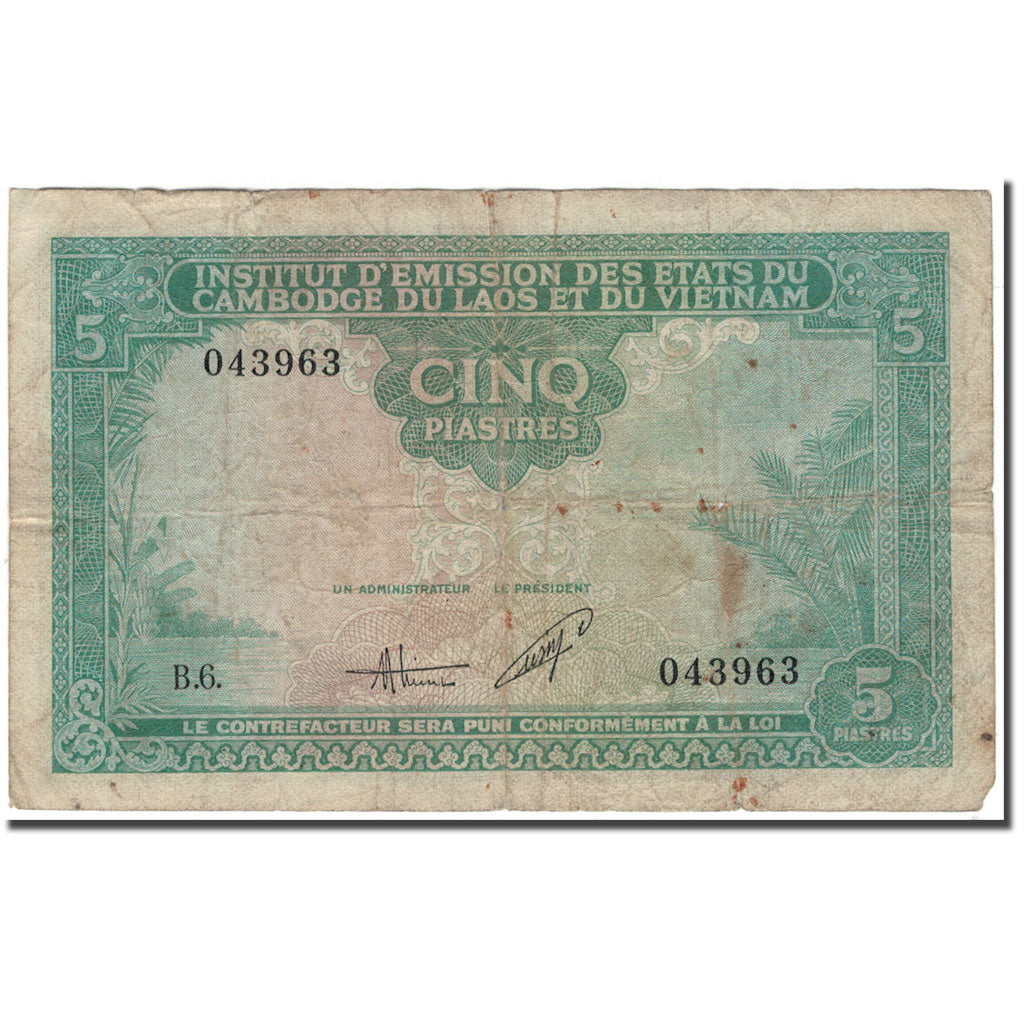 Biljet, FRANS INDO-CHINA, 5 Piastres = 5 Dong, 1953, KM:106, B