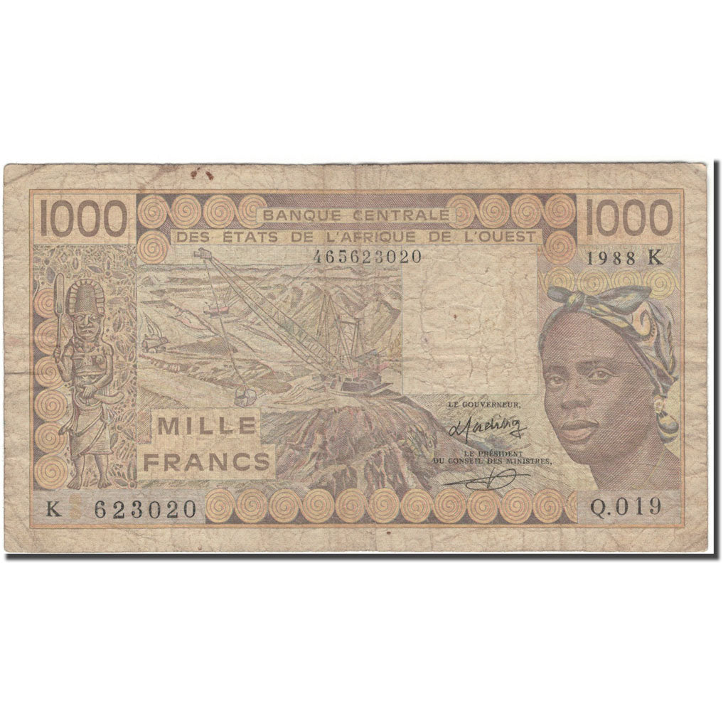 Banknote, West African States, 1000 Francs, 1988, KM:707Ka, VG(8-10)