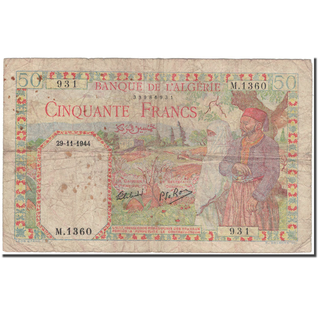 Banknote, Algeria, 50 Francs, 1944-11-29, KM:87, VG(8-10)