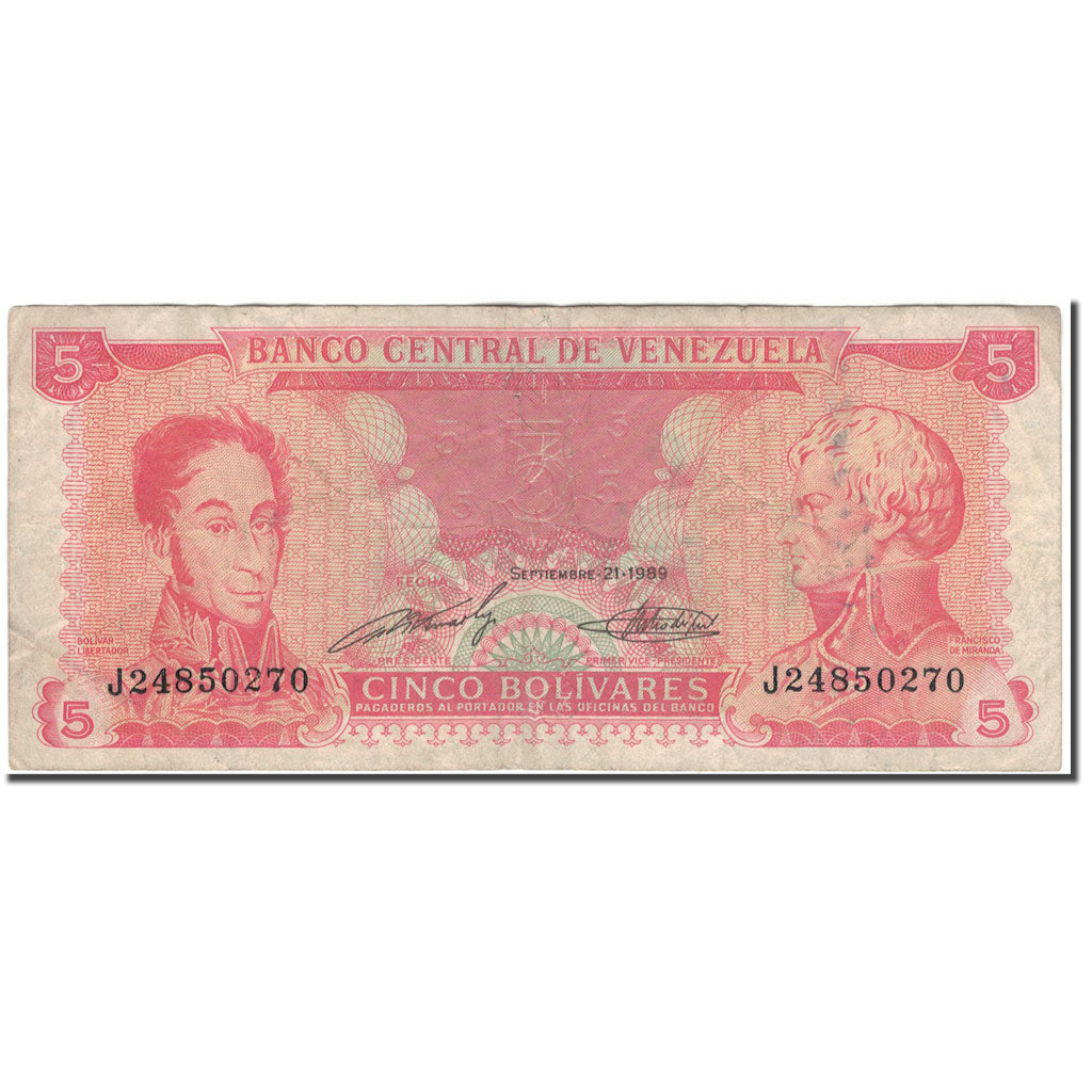 Banknote, Venezuela, 5 Bolivares, 1989-09-21, KM:70b, VF(20-25)