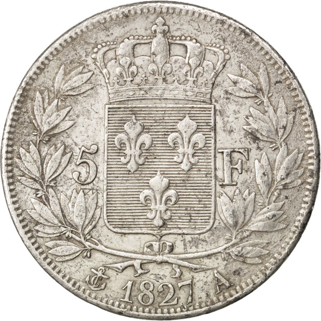 FRANCE, Charles X, 5 Francs, 1827, Paris, KM #728.1, EF(40-45), Silver, Gadoury.
