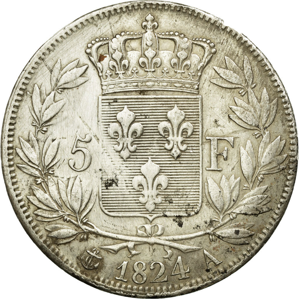 FRANCE, Louis XVIII, 5 Francs, 1824, Paris, KM #711.1, EF(40-45), Silver,...