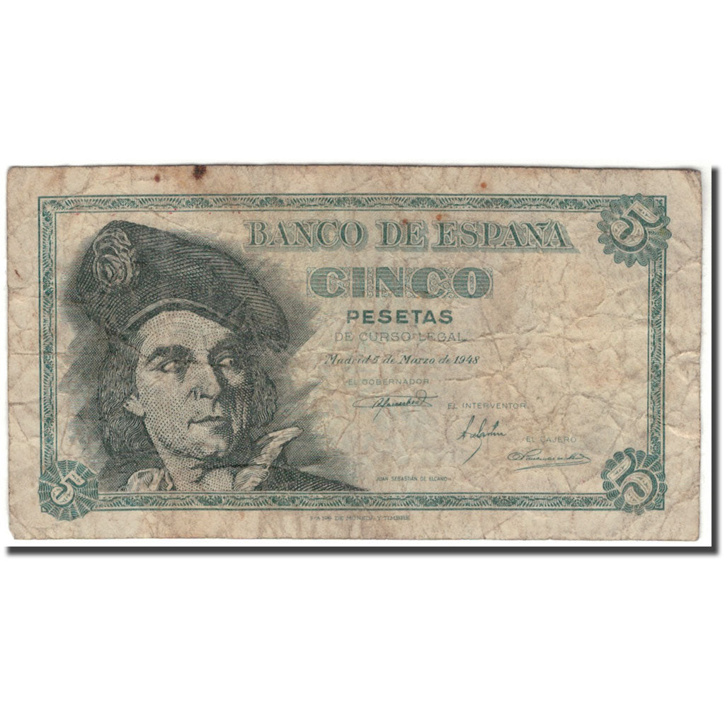 Banknote, Spain, 5 Pesetas, 1948-03-05, KM:136a, VG(8-10)