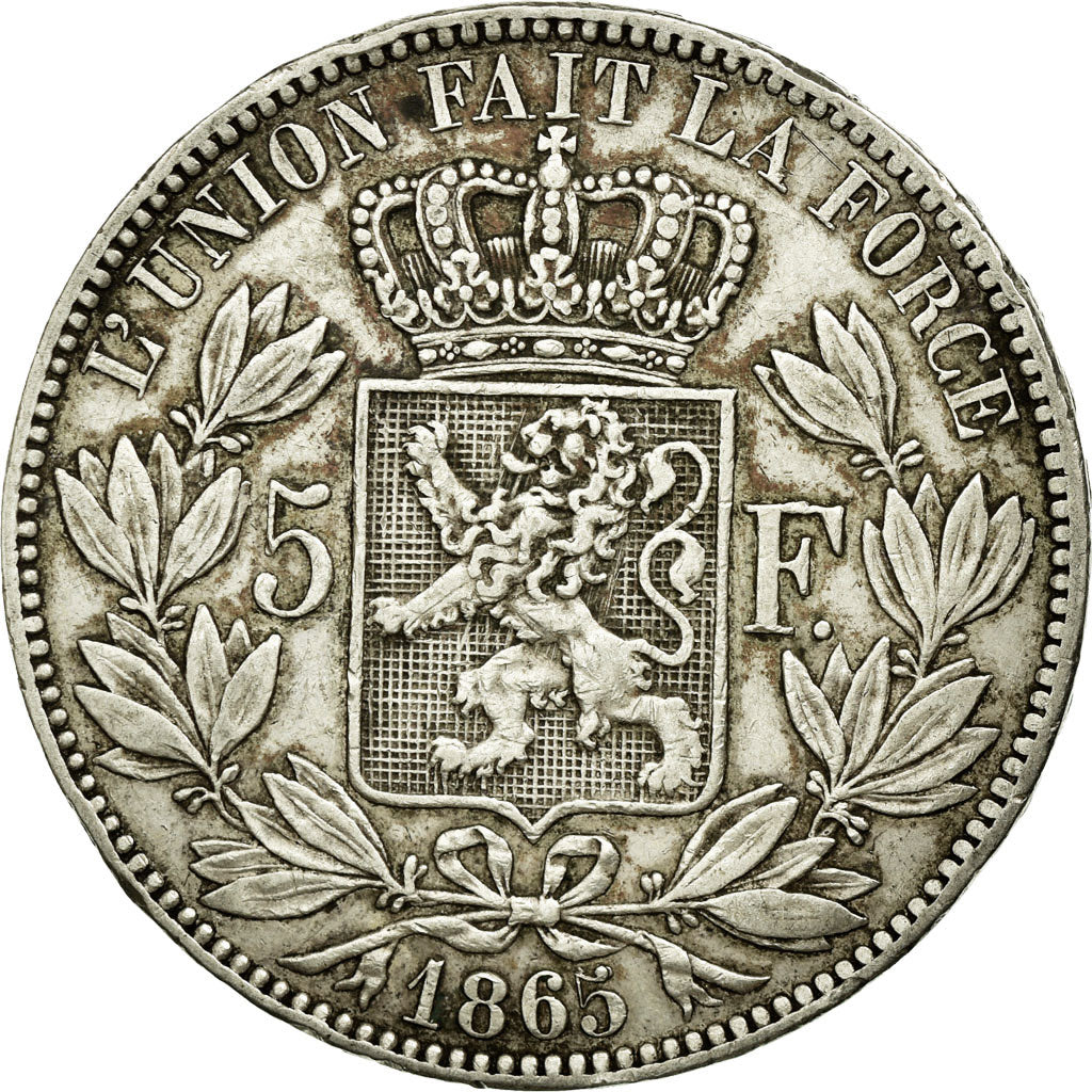 Coin, Belgium, Leopold I, 5 Francs, 5 Frank, 1865, Brussels, EF(40-45), Silver