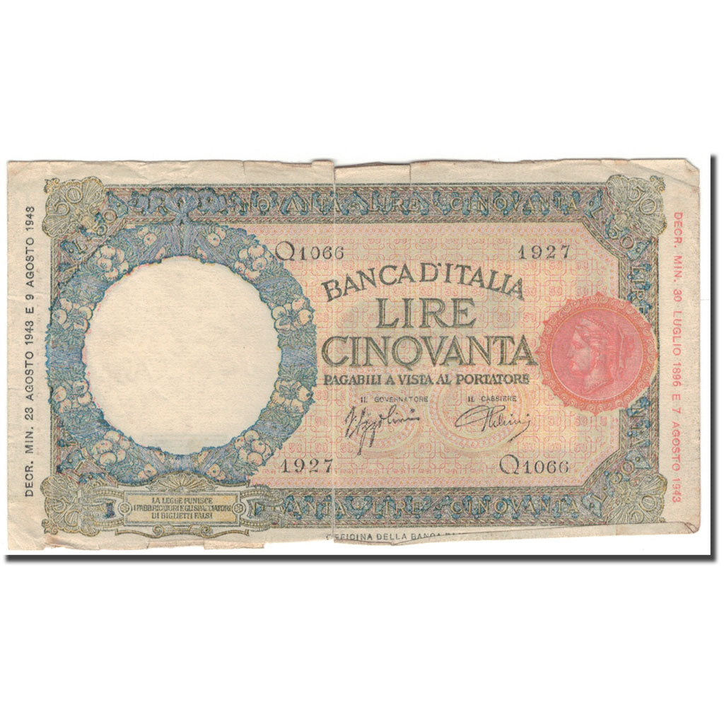 Banknote, Italy, 50 Lire, 1943-08-23, KM:66, F(12-15)