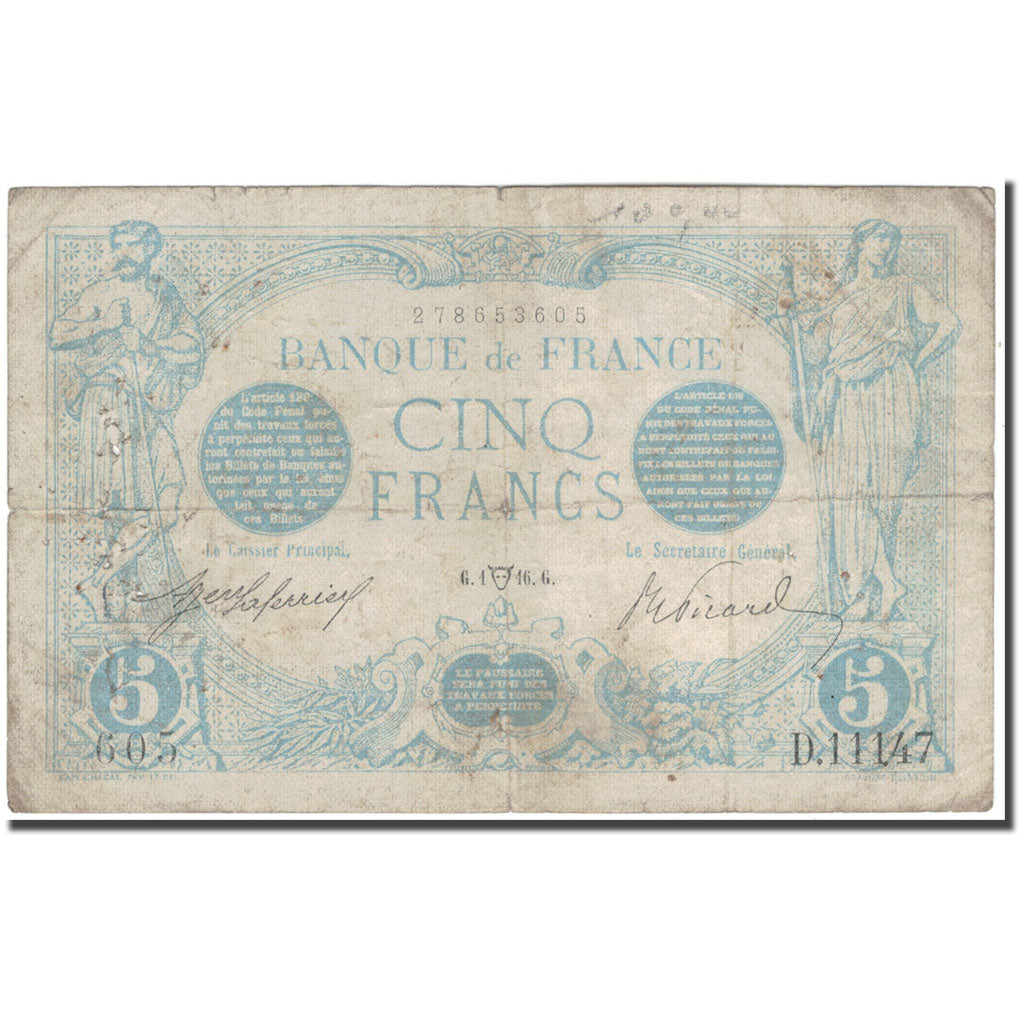 Francja, 5 Francs, Bleu, 1916-04-01, VF(20-25), Fayette:2.38, KM:70