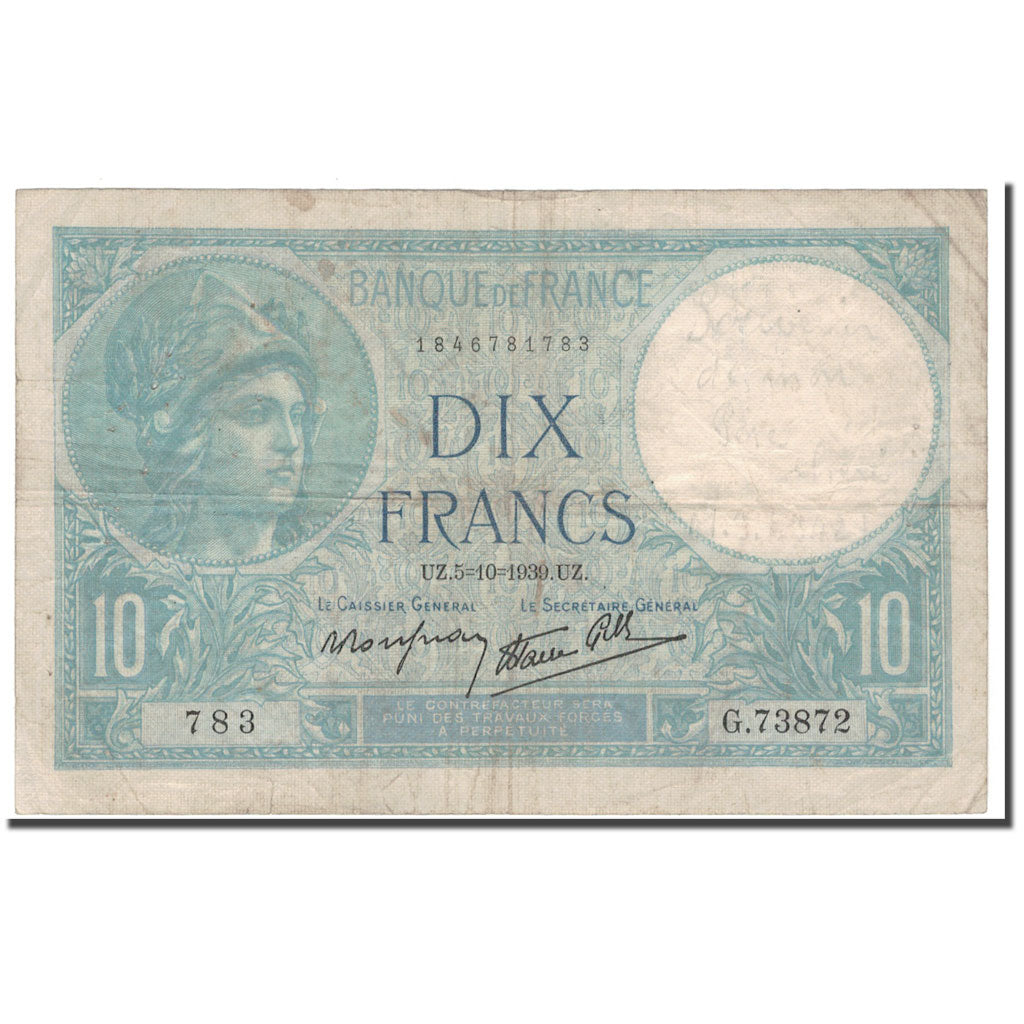 France, 10 Francs, 10 F 1916-1942 ''Minerve'', 1939-10-05, VF(20-25)