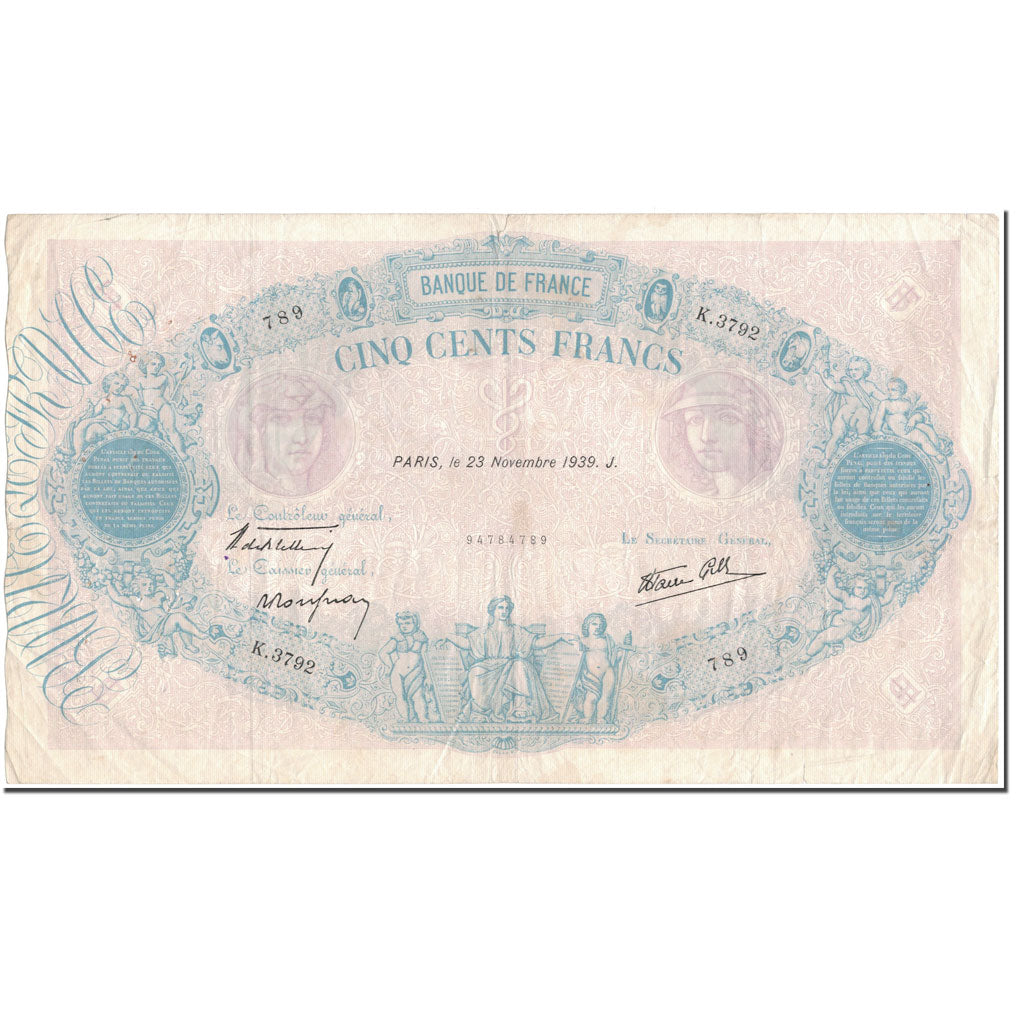 France, 500 Francs, 500 F 1888-1940 ''Bleu et Rose'', 1939-11-23, VF(30-35)
