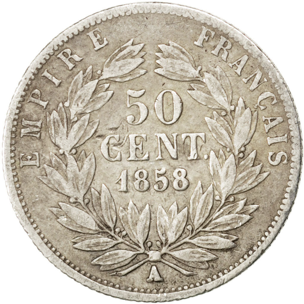 FRANCE, 50 Centimes, 1858, Paris, KM #794.1, F(12-15), Silver, Gadoury #414,...