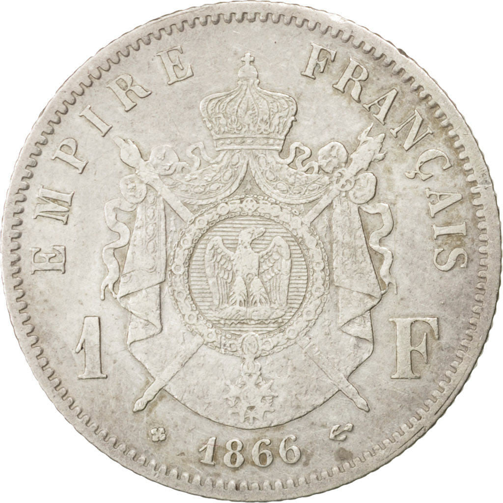 FRANCE, Napoléon III, Franc, 1866, Strasbourg, KM #806.2, EF(40-45), Silver, G..
